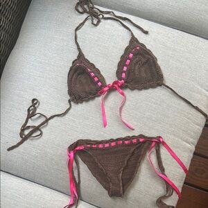 Anna Kosturova Vintage Brown and Pink Crochet Bikini